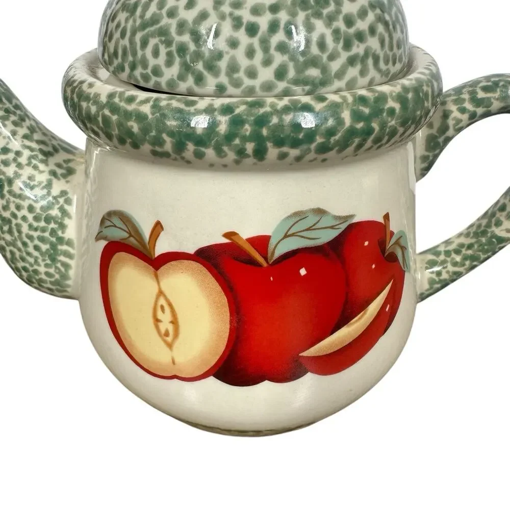 Vtg Country Farmhouse 80s 90s Ceramic Red Apple Design Teapot Sponge Paint 7.5
